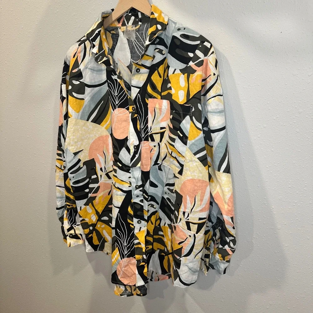 CALIA Button Up Shirt Women Tropical Leaf Size‎ M Multicolor Resort Swim Beach - Picture 4 of 16